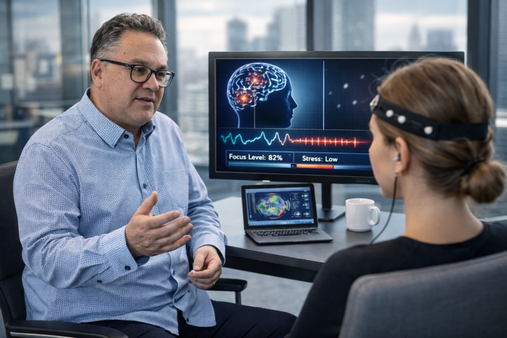 Neurofeedback-Trainer im Gespräch mit Patientin während einer Neurofeedback-Sitzung